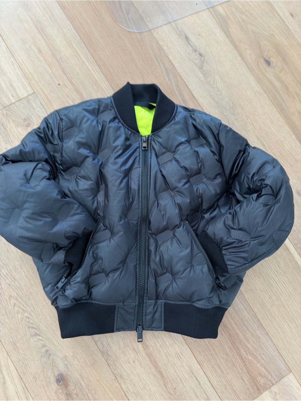 Diesel Black Puffer Bomber with Neon Lime Lining